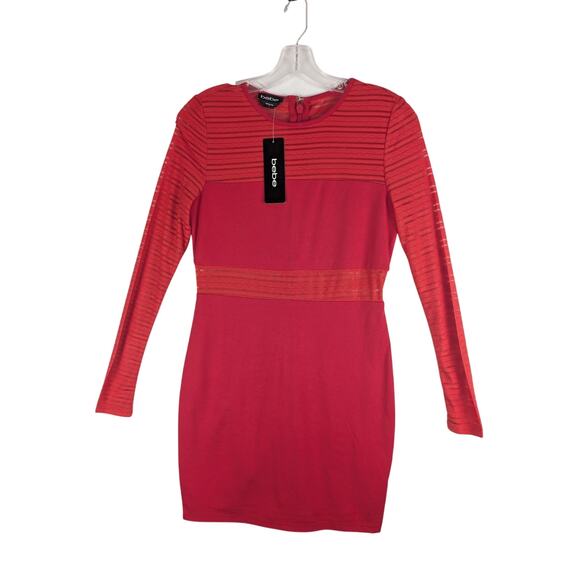 bebe Dresses & Skirts - Bebe Dress Womens Small Red Striped Sheer Bodycon Long Sleeve SALT1099 NWT